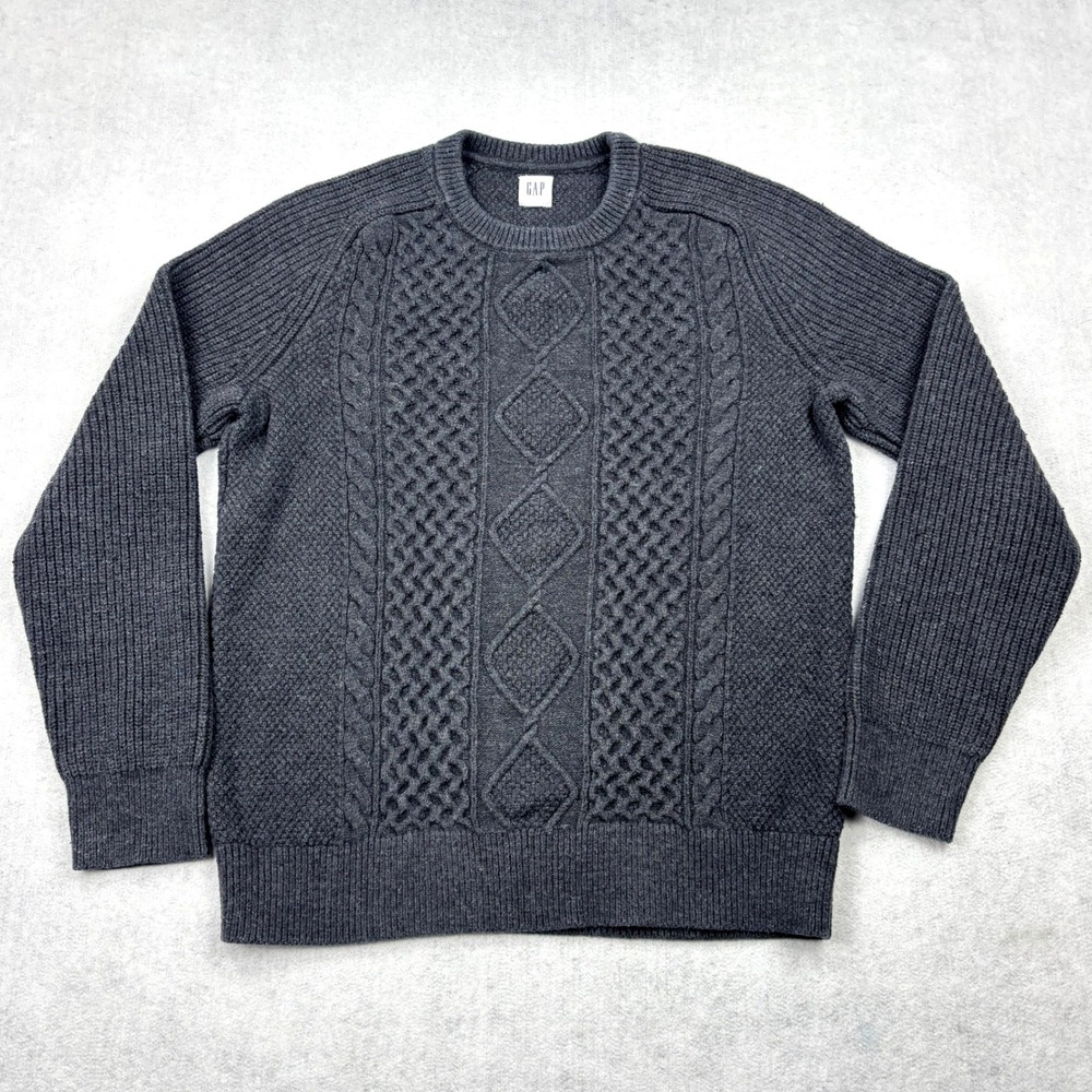 Gap Sweater Mens Medium Charcoal Gray Cable Knit Wool Blend Crewneck Pullover